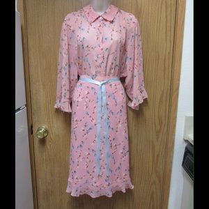 Fancy Pink Maxi Ruffled Skirt W/Blue Flowers &Belt