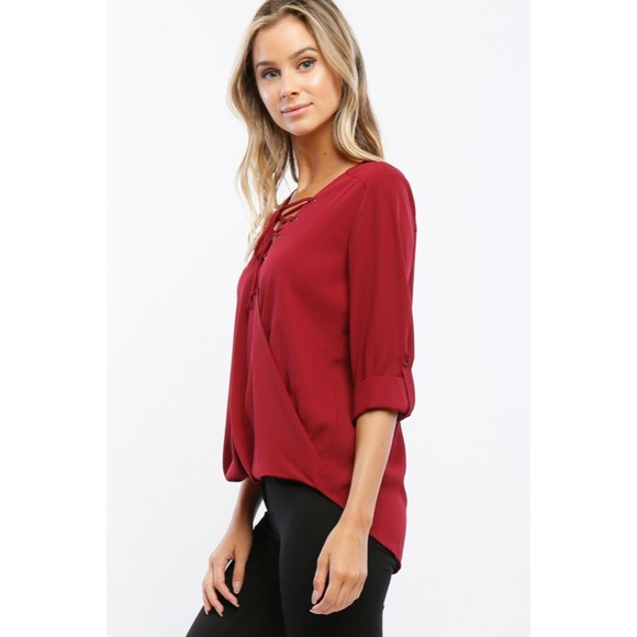 •FINAL PRICE• You Know It Burgundy Lace Up Top - Picture 2 of 4