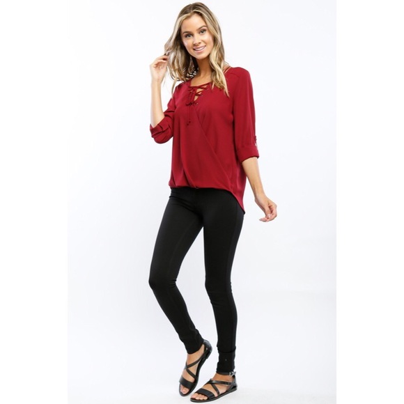 •FINAL PRICE• You Know It Burgundy Lace Up Top - Picture 4 of 4