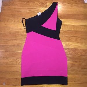 Pink and black one shoulder cocktail dress