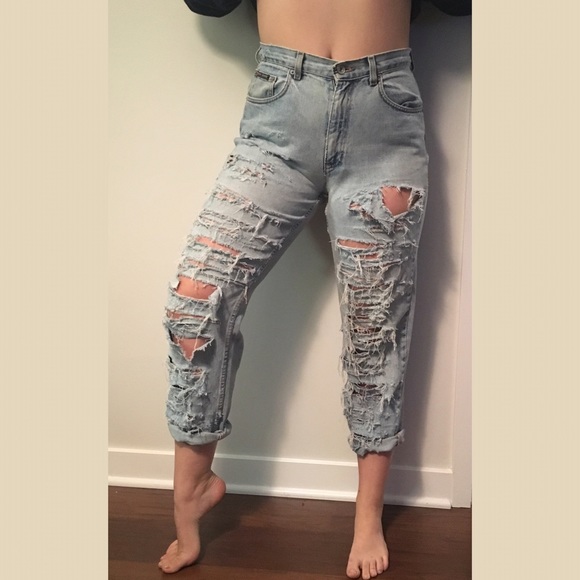 High waisted distressed jeans
