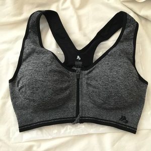 Gray front zip sports bra