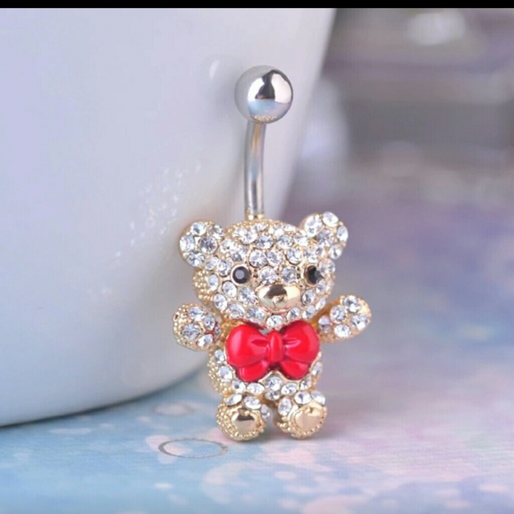 Gold teddy bear rhinestone belly ring