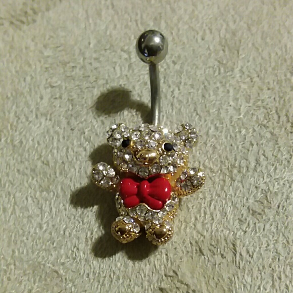 Gold teddy bear rhinestone belly ring - Picture 2 of 2