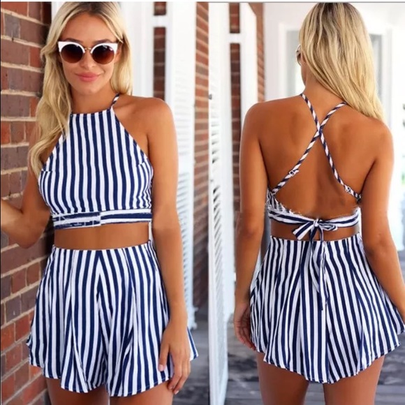 Blue Stripe Halter Crop Top and shorts set