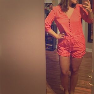 Coral long sleeve romper