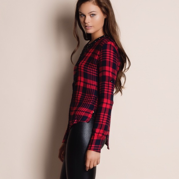 1DAYSALE Lace Up Long Sleeve Plaid Top - Picture 2 of 3