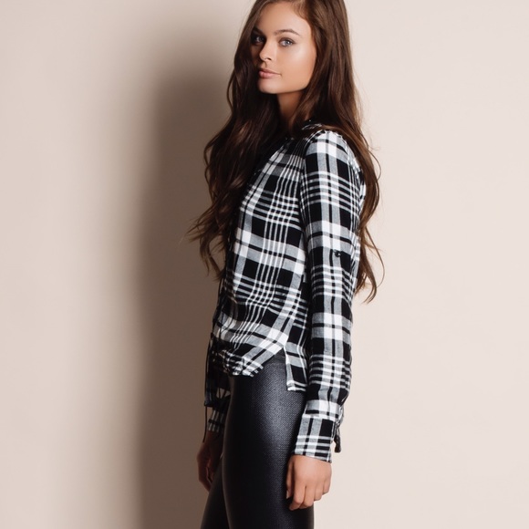 1DAYSALE Lace Up Long Sleeve Plaid Top - Picture 2 of 4