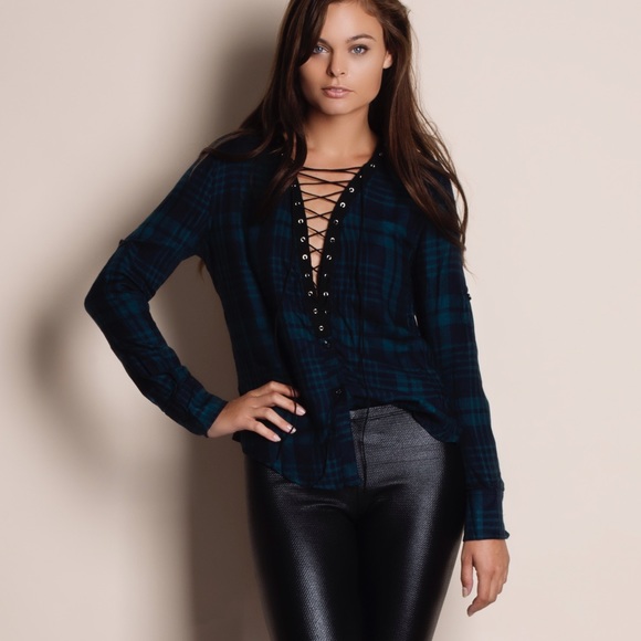 1DAYSALE Lace Up Long Sleeve Plaid Top - Picture 4 of 4