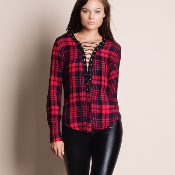 Lace Up Long Sleeve Plaid Top - Picture 4 of 4