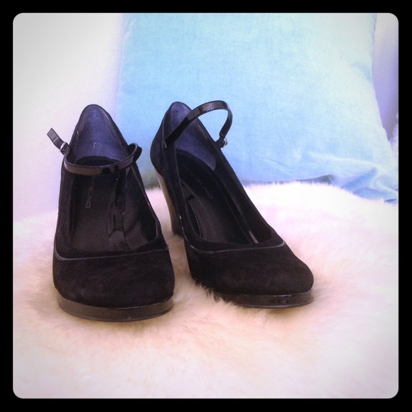 Black suede patent wedge Mary Janes