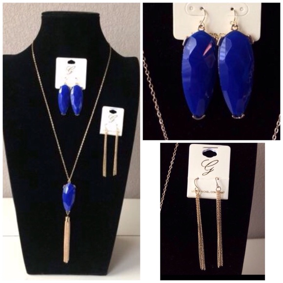 Blue Pendant Tassel Necklace & Earrings