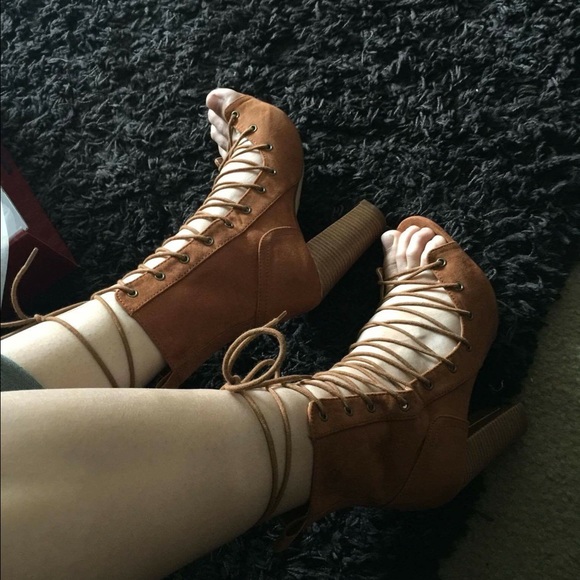 Lace up block heel, open toe booties