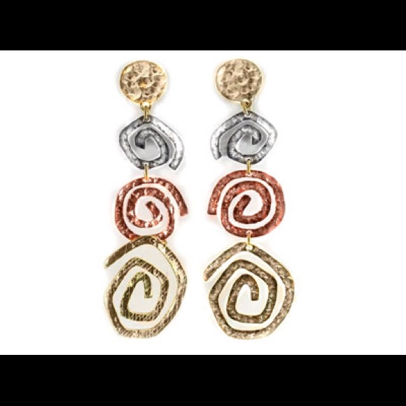 Hammered spirals in silver, copper, gold earrings.