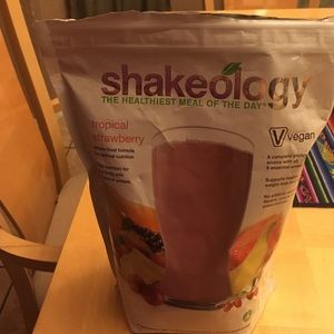 Opened bag of tropical strawberry vegan shakeology