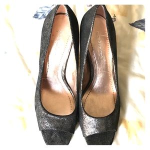 Blue sparkly BCBG peep toe pumps