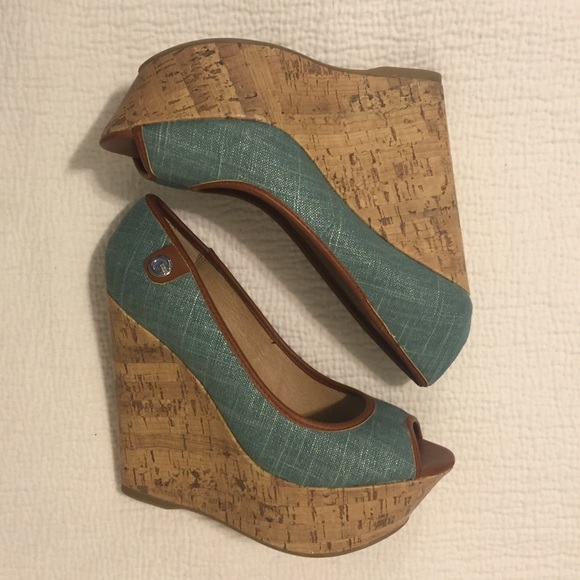 Blue-green open-toe platform wedges