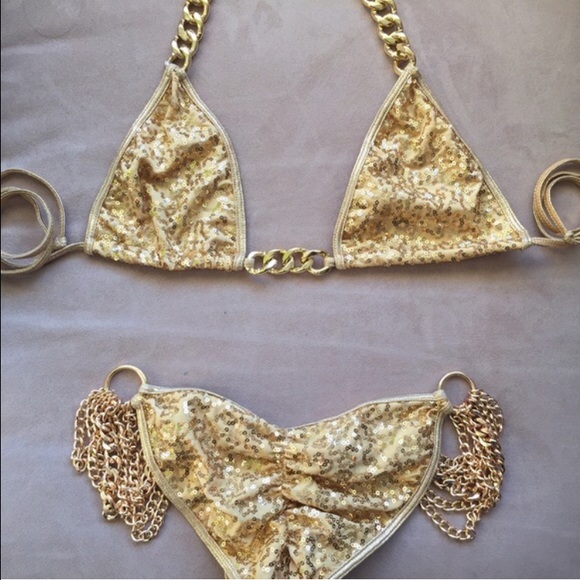 Gold sequin chain scrunch bikini beach bunny s m - Picture 2 of 4