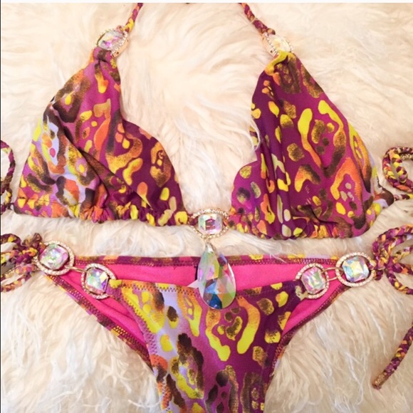 Purple leopard crystal scrunch bikini beach bunny