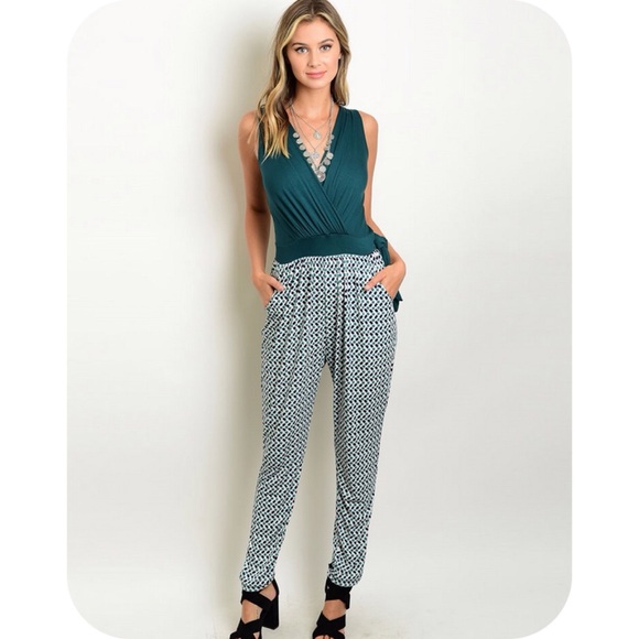 GREEN & BLUE PRINT HALTER JUMPSUIT - Picture 2 of 4