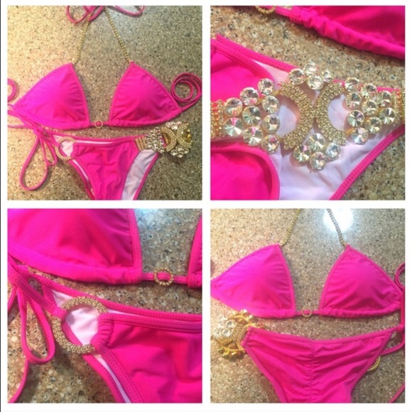 Hot pink gold crystal scrunch bikini beach bunny