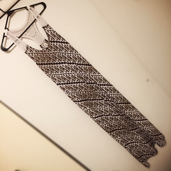 Maxi brown/cream print dress with crochet straps