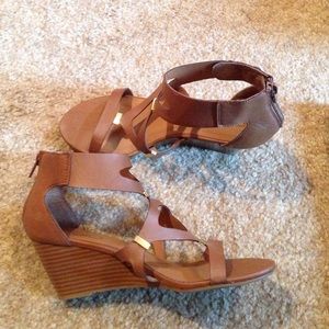 XOXO Camel-colored Wedge Sandals