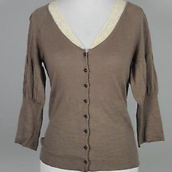 Anthro brown cardigan w/ lace trim & rose buttons