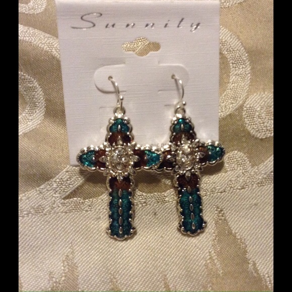 1 Left! NAVAJO MOSAIC TURQUOISE CROSS EARRINGS! - Picture 2 of 2