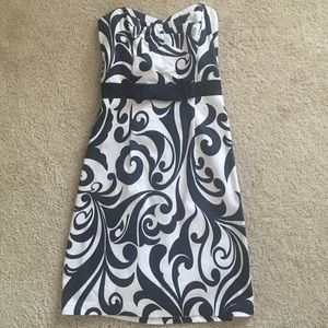 Navy and White Printed Strapless Dress