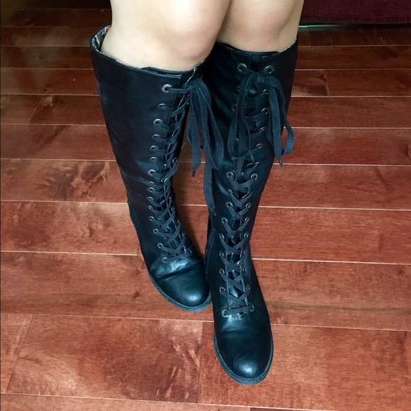 Black lace up leather knee high boots