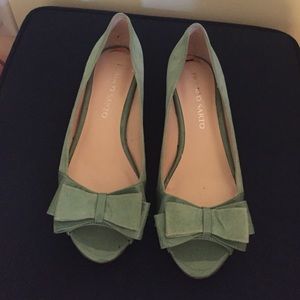 Teal bow peep toe flats
