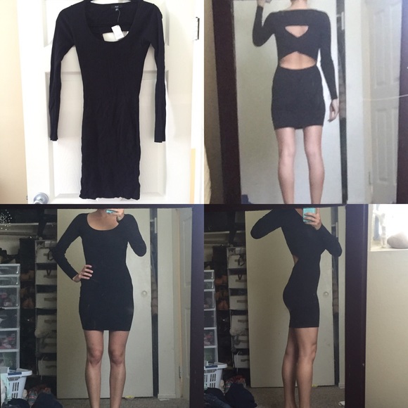 Black cross back ribbed long sleeve dress