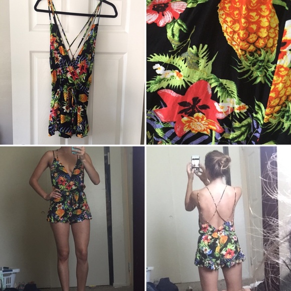 Cross back tropical pineapple print romper
