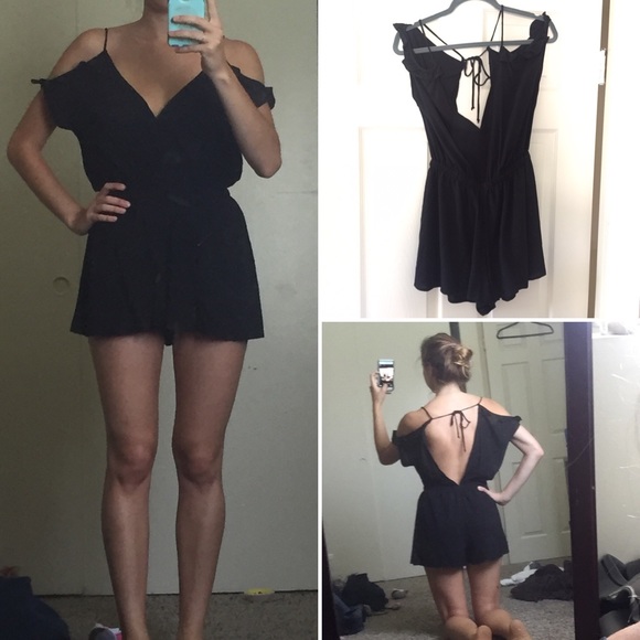 SOLD! Black open shoulder low tie back romper