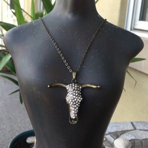 Cow Skull Pendant Necklace w Crystal Embellishment