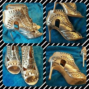 One of a kind Silver and gold open toe bootieheels