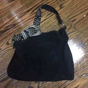 Suede hobo bag with Swarovski belt strap
