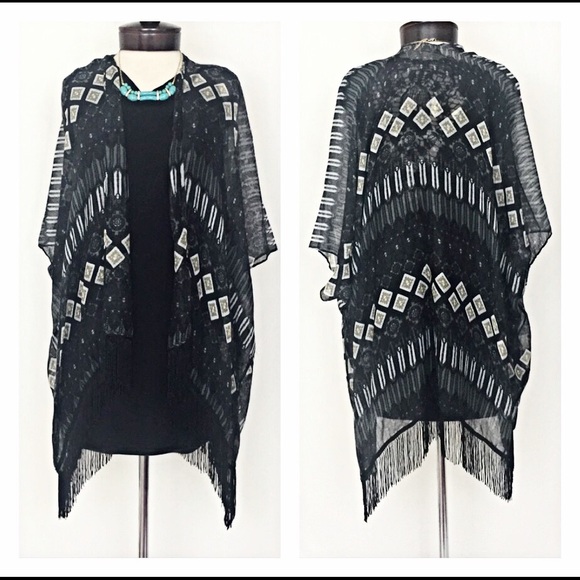 Sold Fringe Hem Boho Tribal Kimono Cardigan - Picture 4 of 4