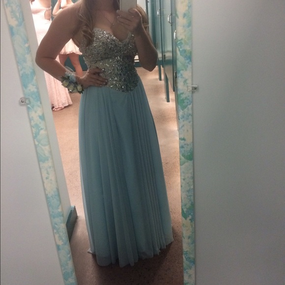 Blue beaded top corset back strapless prom dress
