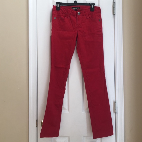 Red straight leg denim pants