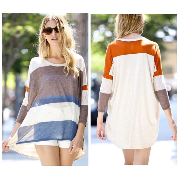 Taupe/Blue Color Block Loose Tunic Top S M L - Picture 2 of 2