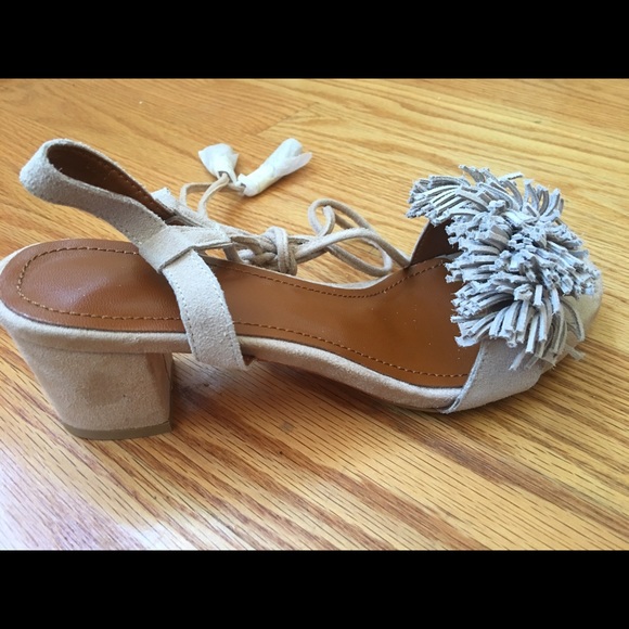 Tan fringe lace up heels