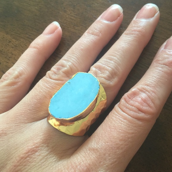 Adjustable blue turquoise golden ring - Picture 2 of 4