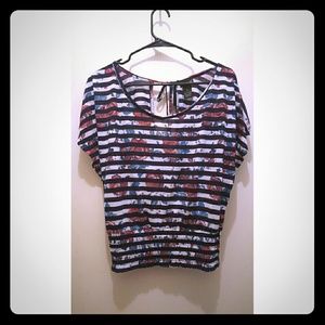 Striped Rose Top w/ Cutout and Elastic Band