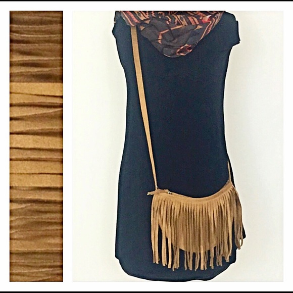 Faux Suede Camel Fringe Cross Body Purse - Picture 2 of 3