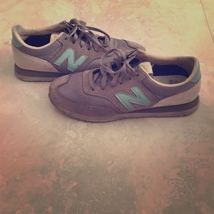 Gray and light blue New Balance fashion sneakers