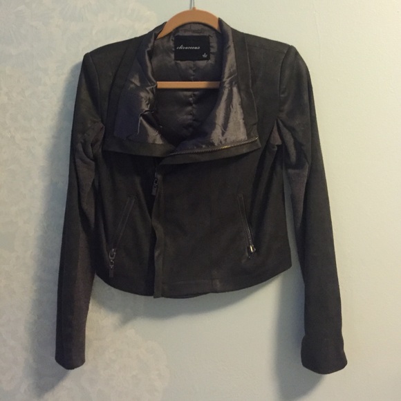 Olivaceous faux suede moto jacket with rib details