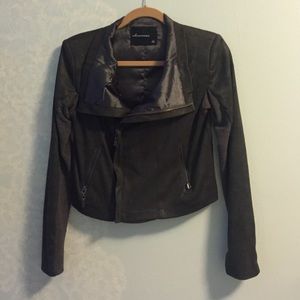Olivaceous faux suede moto jacket with rib details