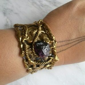 SOLD 1970s Brass & Raw Amethyst Cuff Bracelet